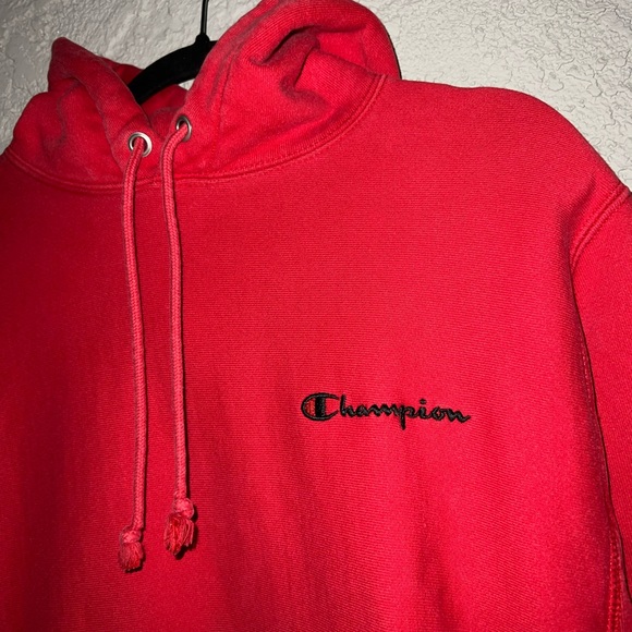 Champion Reverse Weave Pullover Hoodie Black Script Cotton Red Size Medium - Picture 4 of 6